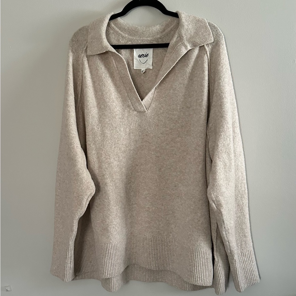 Aerie unREAL Polo Sweater | Heather Fawn | Size XL